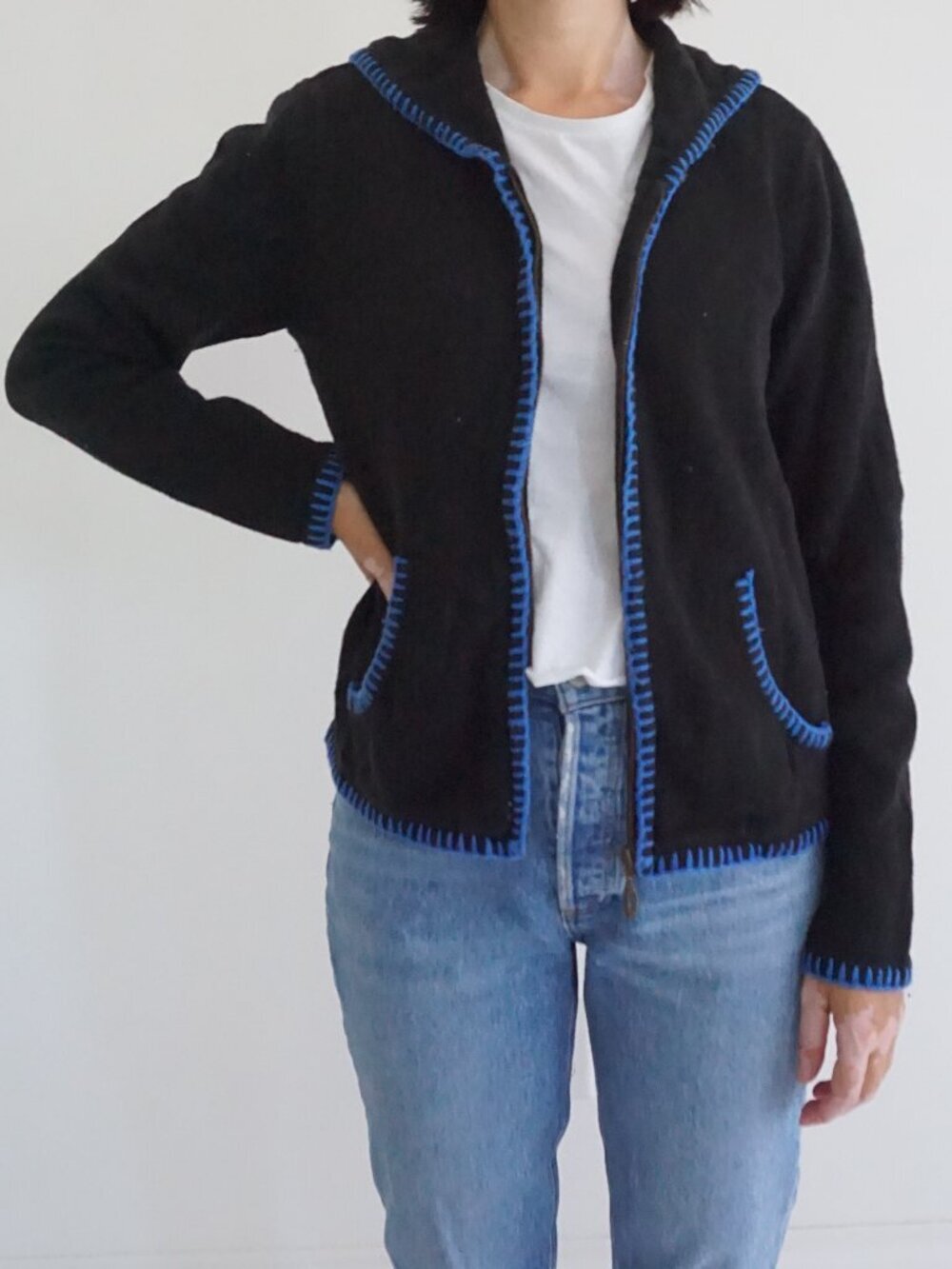 intage Christopher & Banks Black Cobalt Blanket Stitch Embroidered Cardigan M